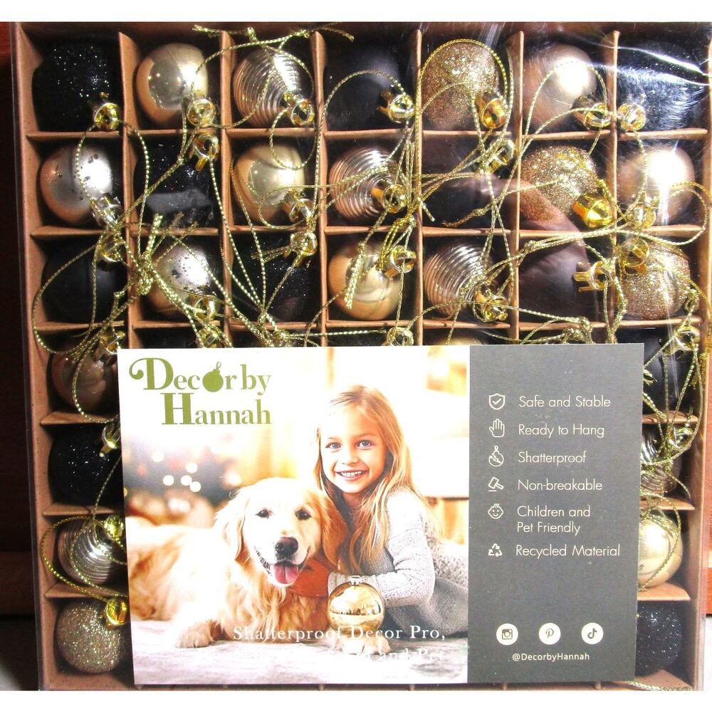 Black & Gold Christmas Ornaments 49pc 30mm Shatterproof Baubles Decor by Hannah